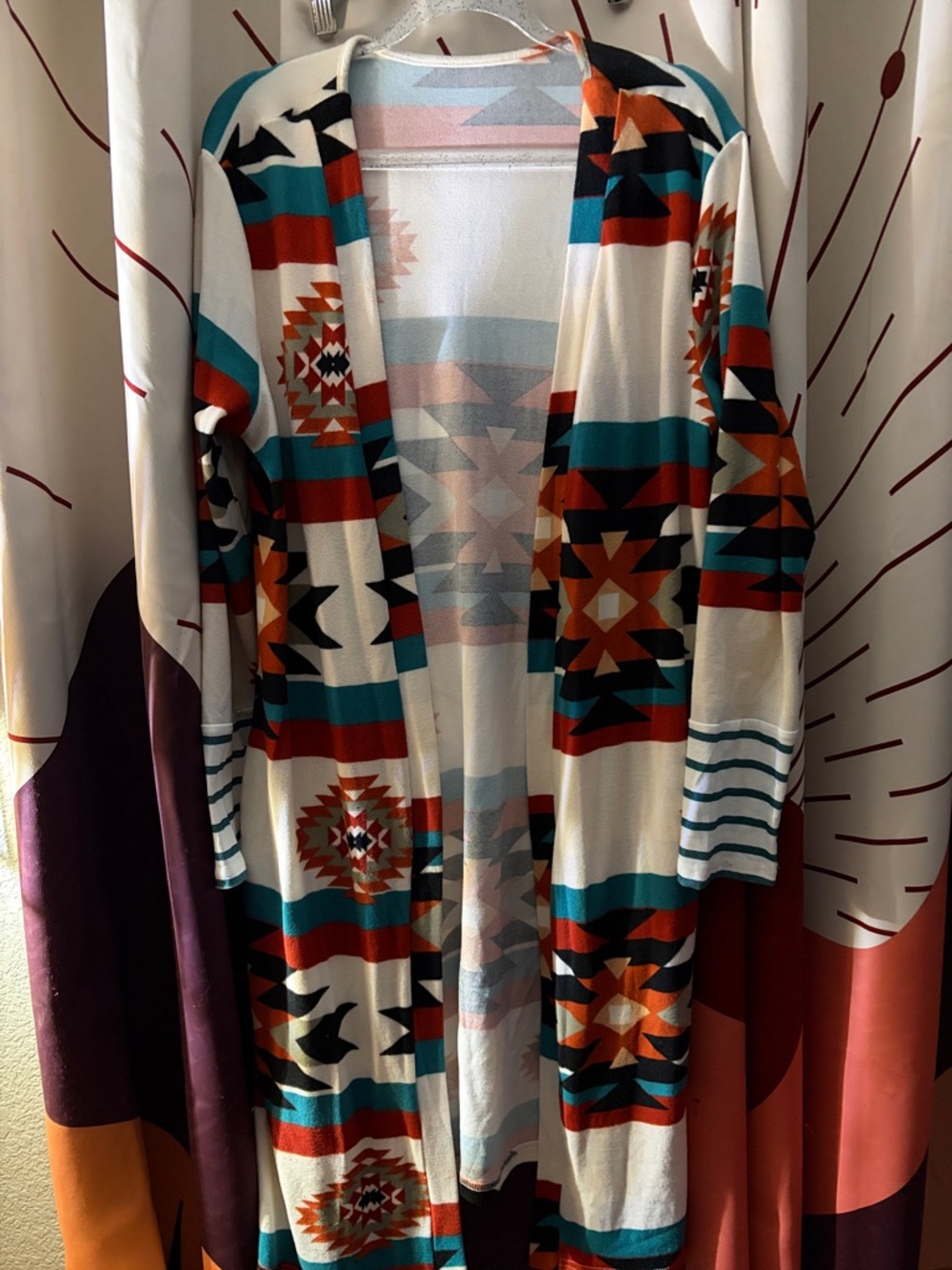 SHEIN Cream, Teal & Rust Geometric Open-Front Cardigan